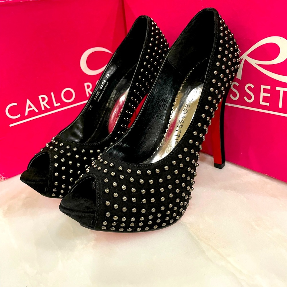 Red bottom peep toe studded heels